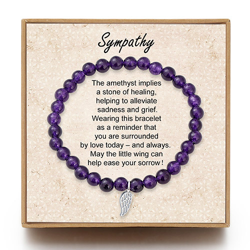 Sympathy Gifts for Loss of Mother, Father, Baby, Pet Dogs Amethyst Bead Bracelet with Sterling Silver Wing Charm Memorial Jewelry with Card and Gift Box